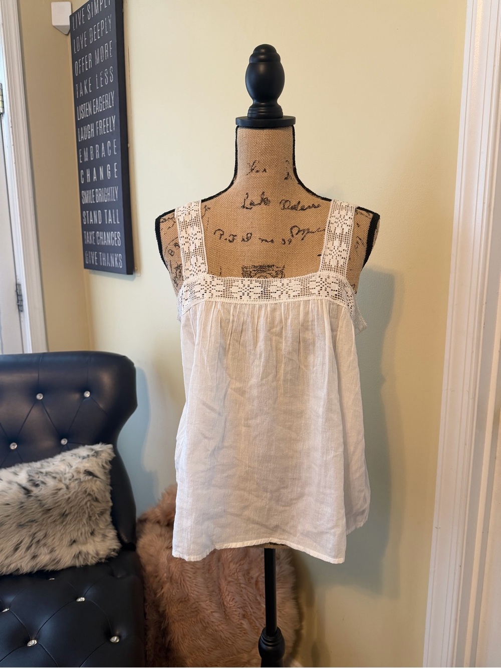 aerie White Crochet-Trim Square Neck Camisole